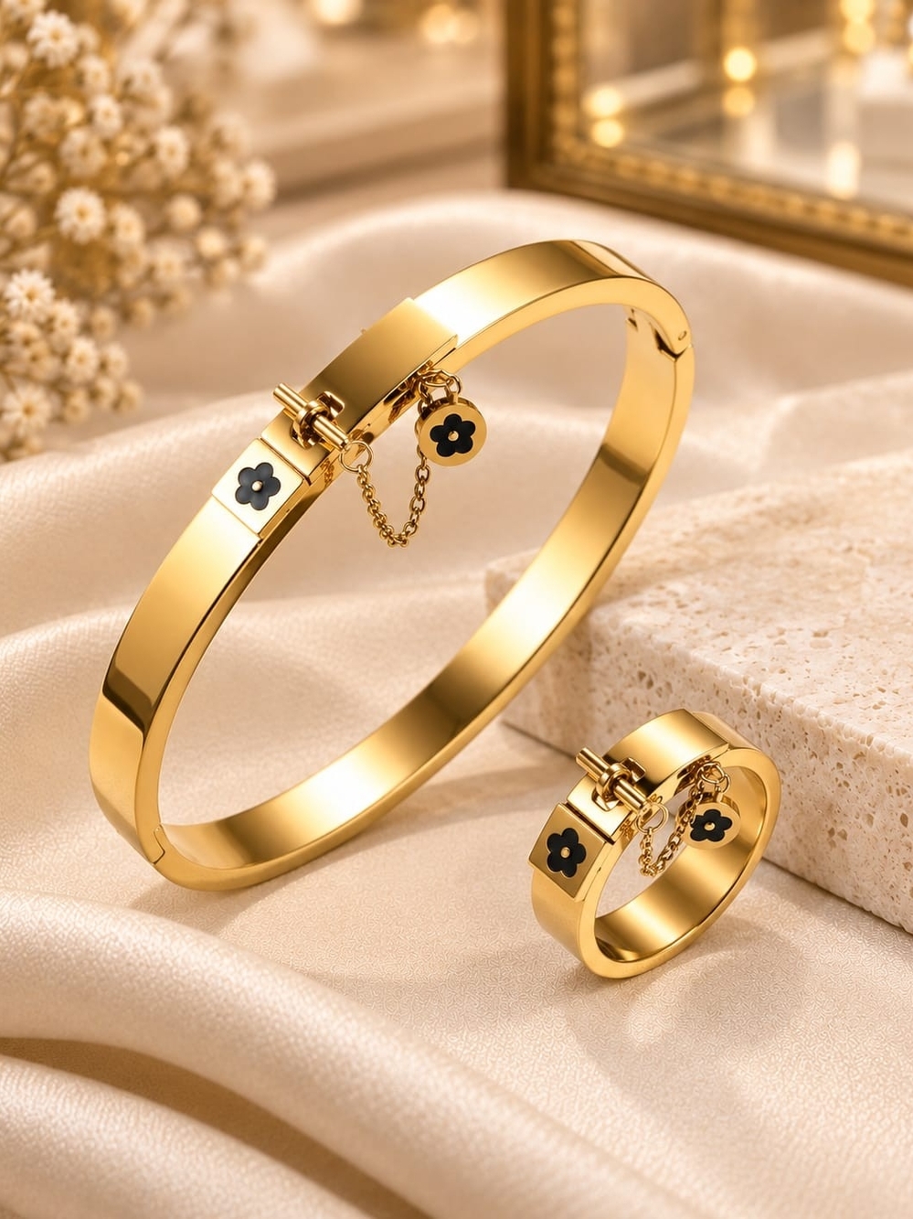 Gold Floral Lock Bracelet and Ring Set - Women Jewelry - Picture 2 of 5